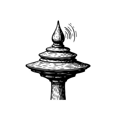 Intricate monochrome drawing depicting a traditional tower. This artwork emphasizes an antique etching, presenting it with cultural depth, and a symbolic representation, all while demonstrating elegance.のイラスト素材