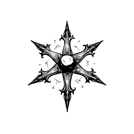 A detailed monochrome illustration featuring a symmetrical, six-pointed symbol. This intricate design evokes a sense of mystery and spirituality, ideal for themes involving gothic, esoteric, or fantasy.のイラスト素材