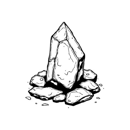 A monochrome illustration presents a jagged stone formation, with a large, central crystal-like rock resting upon a base of smaller stones and pebbles. Simple, nature and geological design.のイラスト素材