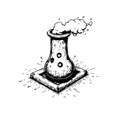 A monochrome drawing depicts a stylized chimney releasing a cloud of vapor. Radiating lines around it evoke a sense of energy or emission in an industrial setting.のイラスト素材