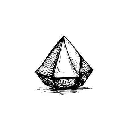 A detailed hand-drawn monochrome image of a gemstone with a geometric shape. This sketch-style illustration emphasizes the gem's various facets and its elegant form, ideal for designs.のイラスト素材