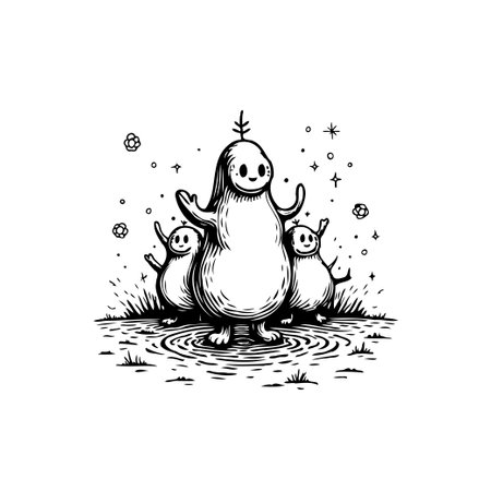 A group of cartoon characters stand in a stylized landscape with rippling water. Rendered in a monochrome style with a rough, textured quality, the illustration evokes a playful and whimsical mood.のイラスト素材