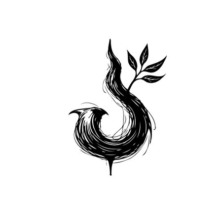 This image features a stylized phoenix, a symbol of rebirth. The bird's form integrates with botanical elements, resembling a rising sprout or branch. Presented as a sketch, it evokes a blend of fantasy and natural growth.のイラスト素材