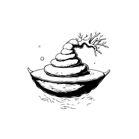 An artistic monochrome rendering features stacked stones supporting a delicate tree with bare branches, all presented on a floating platform, creating a surreal and peaceful scene.のイラスト素材
