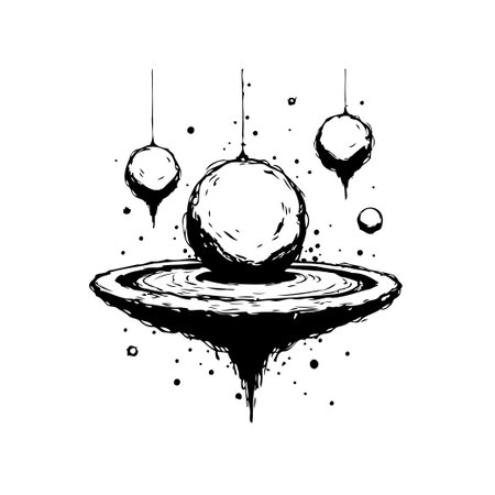A captivating monochrome illustration depicts floating orbs suspended above a surreal, gravity-defying landscape. The ethereal style and hand-drawn quality evoke a sense of mystery and cosmic wonder.のイラスト素材
