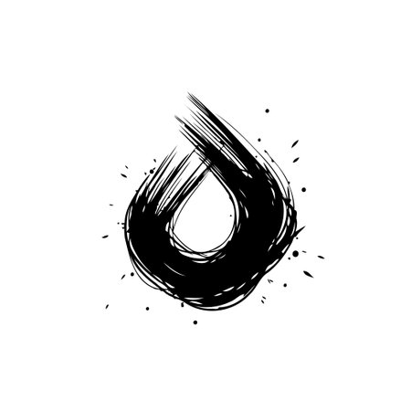 An abstract black ink brushstroke forms a droplet shape with grunge texture, perfect for artistic design projects or expressive graphic elements.のイラスト素材