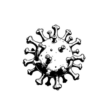 Striking monochrome illustration depicting a dangerous infectious virus. The artwork shows the microscopic structure of the viral pathogen, highlighting its spiky exterior and cellular composition. A visual representation of global health concerns.のイラスト素材