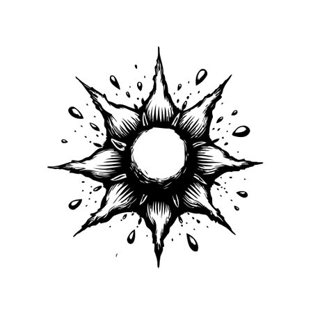 An evocative sunburst design features intricate shading and dynamic splatter effects, rendered in a striking black and white color scheme. This stylized image evokes a sense of energy and creativity.のイラスト素材
