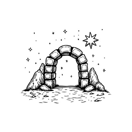 A monochrome illustration depicts a stone archway under a starlit sky, suggesting a gateway to a mystical or fantasy realm. The minimalist style and celestial elements evoke a sense of wonder and bygone eras.のイラスト素材