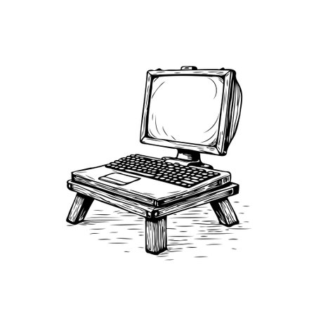 A distinctive illustration merges computer parts into a quirky form. A monitor rests atop a keyboard-surface table, supported by legs. This inventive piece blends technology and imagination, conjuring a unique visual experience.のイラスト素材