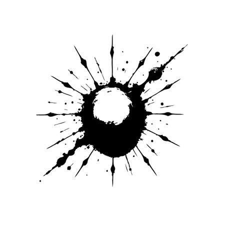An impactful black ink blot explodes outward, forming a circular burst design. Isolated on white, this illustration features a raw, dynamic artistic style.のイラスト素材