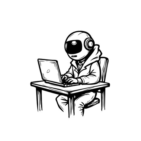 Black and white illustration of a character with a space helmet, dressed in a hooded sweatshirt, sitting at a wooden desk and using a laptop, symbolizing modern technology or creative workspace.のイラスト素材