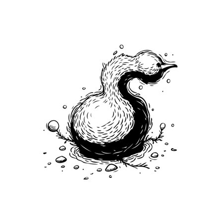 A charming monochrome drawing of a grebe nestled amongst pebbles and water, captured in a simple yet artistic style. It evokes a sense of natural serenity.のイラスト素材