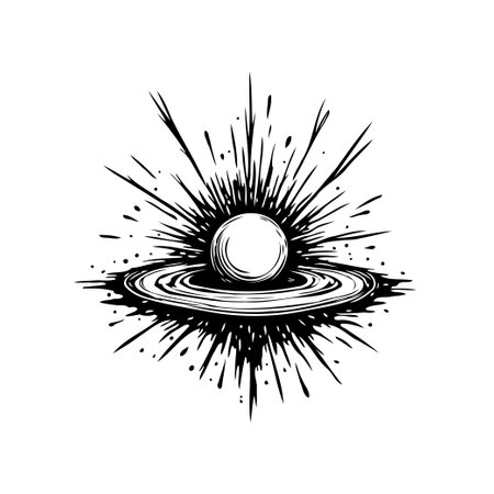 An abstract monochrome illustration depicts a cosmic sphere emitting bursts of energy, surrounded by swirling ripples. This image conveys concepts of energy, dynamism, and celestial elements.のイラスト素材