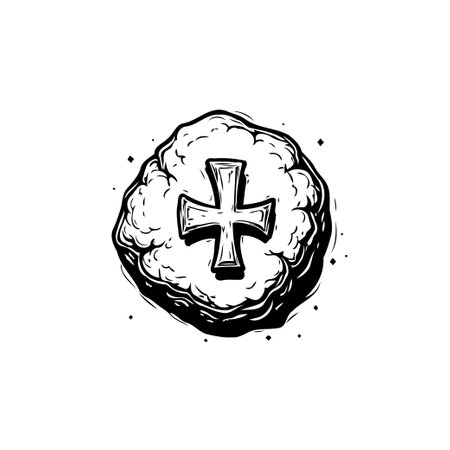Detailed monochrome illustration of a cross symbol encapsulated within a textured and roughly hewn celestial orb. Evokes feelings of mystery, spirituality, and historical intrigue.のイラスト素材