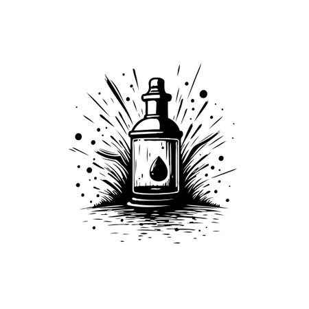 Stylized black and white illustration showcasing a vintage bottle containing a single drop of liquid, surrounded by radiant energy and abstract splashes.のイラスト素材