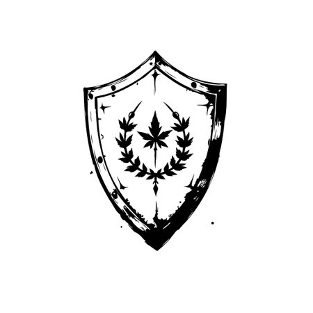 An illustrative heraldic shield features a central cannabis leaf surrounded by a wreath. Rendered in black and white with a vintage, slightly distressed effect, it's perfect for design projects.のイラスト素材