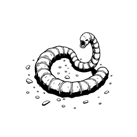 A monochromatic illustration depicts a stylized worm with a vaguely skull-like head. The worm is shown on a patch of ground or dirt in a simple and slightly comical style.のイラスト素材