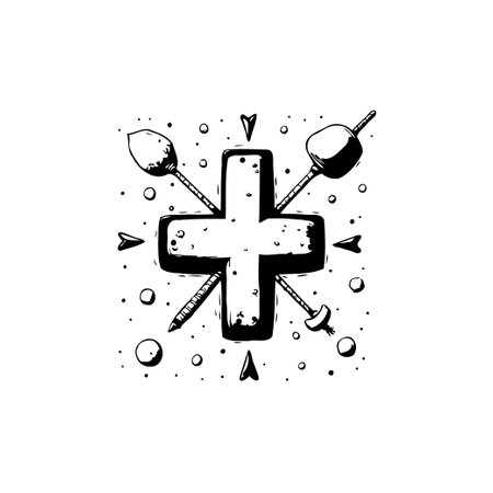 A stylized black and white illustration with a centered crosshair figure, skewered with cooking sticks, set against a clean backdrop, ideal for culinary themes.のイラスト素材