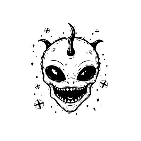 A striking monochrome illustration showcases an alien skull with a horn, surrounded by cosmic stars. This graphic design blends fantasy with a spooky aesthetic, making it ideal for decorative or Halloween-themed projects.のイラスト素材