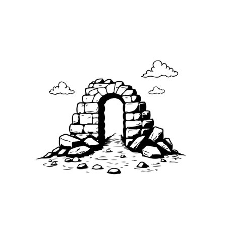 An evocative monochrome sketch captures a weathered stone archway set against a backdrop of delicate clouds. The simple illustration has a touch of antiquity and a sense of tranquility.のイラスト素材