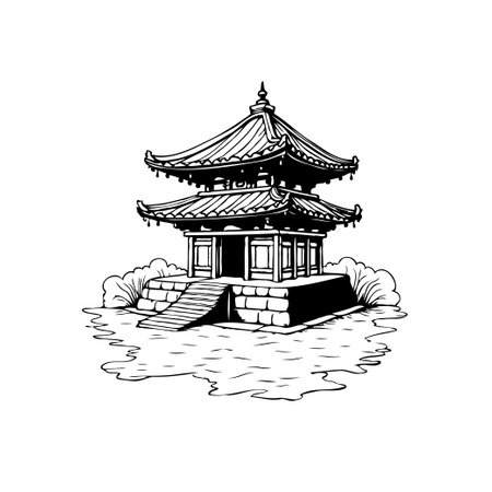 Detailed line illustration depicting a Japanese pagoda. Surrounded by stylized water and plant life, this artwork captures intricate details and the serene character of traditional architecture.のイラスト素材