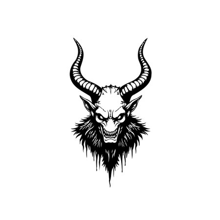 An intimidating black and white illustration captures the menacing presence of a horned demonic figure, highlighted by its piercing eyes, sharp teeth, and formidable demeanor. Perfect for adding a gothic touch to your project.のイラスト素材