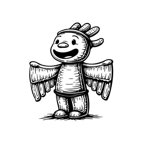 A cheerful monochrome cartoon character with wings and a distinctive headpiece stands smiling. This vector illustration features hand-sketched lines in a retro style, creating a fun and whimsical graphic design.のイラスト素材