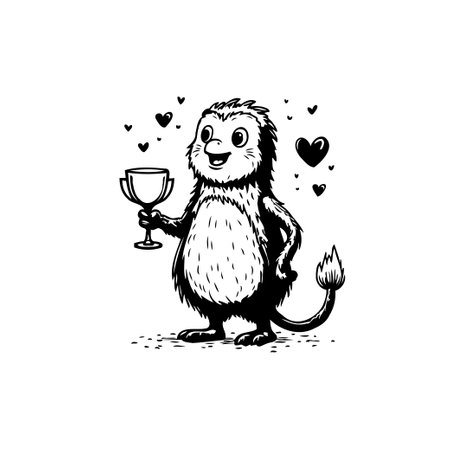 A charming, furry monster gleefully raises a trophy. Surrounded by floating hearts, this delightful character embodies celebration and success in a whimsical style.のイラスト素材