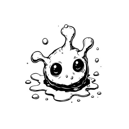 A whimsical monochrome illustration portrays a cartoon germ character. Its big eyes and liquid form spread, creating a cute and funny, yet slightly cautionary image.のイラスト素材