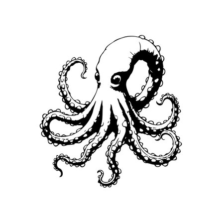 A detailed black and white illustration of an octopus. The creature's tentacles are adorned with small circles, conveying depth and texture. Suitable for design projects or as a visual element.のイラスト素材