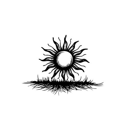 Minimalist black and white illustration. A stylized radiant sun ascends from textured grassy landscape, evoking summer warmth, serene ambiance and natural growth.のイラスト素材
