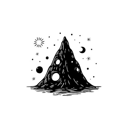 A striking monochrome illustration of a mountain peak surrounded by cosmic elements like stars and moon phases, evokes a sense of mystery and wonder. Perfect for themes of exploration, fantasy, or celestial art.のイラスト素材