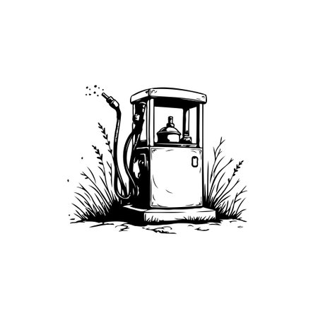 Stylized black and white illustration featuring a retro gas pump surrounded by grassy elements. Conveys a sense of nostalgic design and rustic simplicity.のイラスト素材