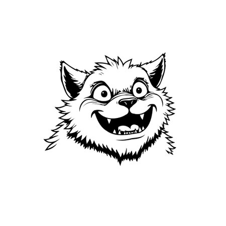 A charming black and white cartoon of a cat with a wide, toothy grin. The playful illustration evokes a sense of happiness and whimsical fun.のイラスト素材