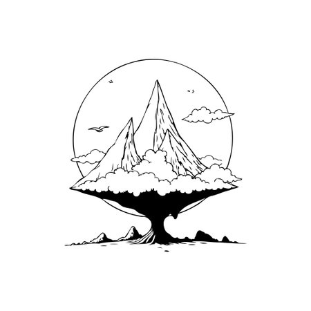 A stylized black and white illustration presents a tranquil mountain scene. With minimalist elegance, evokes solitude and scenic beauty, ideal for contemplative design concepts.のイラスト素材