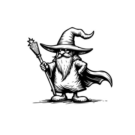 A stylized monochrome illustration of a wizard character. He wears a pointed hat, carries a staff, and features a long beard, conveying a sense of fantasy and enchantment.のイラスト素材