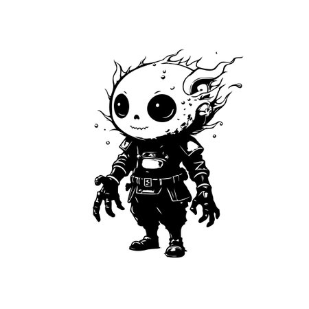 A captivating black and white image features a unique character with flame-like accents, designed in a stylized, whimsical, and imaginative fashion. This cartoonish figure evokes a sense of mystery and oddity.のイラスト素材