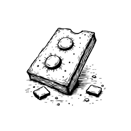 A hand-drawn image showing a biscuit with two filled circles, the image style is rustic with grainy texture. It features simple design, capturing the essence of a sweet treat with charm.のイラスト素材