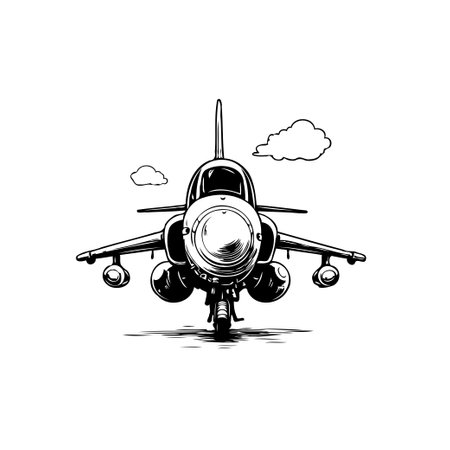 Detailed monochrome illustration of a fighter jet, presented from a front-facing angle, exhibiting speed and power, complemented by stylized cloud elements in the background.のイラスト素材