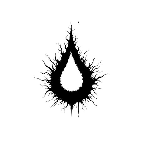 A distressed, black teardrop silhouette is isolated on a white background, featuring organic, branching elements radiating outward, creating a unique textural effect.のイラスト素材