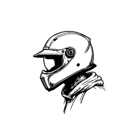 This is a meticulously crafted monochrome illustration of a racing helmet. It's detailed and features the wearer with a hood, perfect for automotive and motorsport designs.のイラスト素材