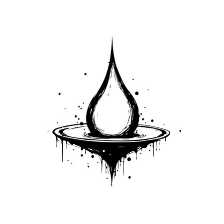 A minimalistic monochromatic drawing presents a water droplet poised above a reflective surface. The stylized execution conveys a sense of purity, captured with ink splashes and abstract design elements.のイラスト素材