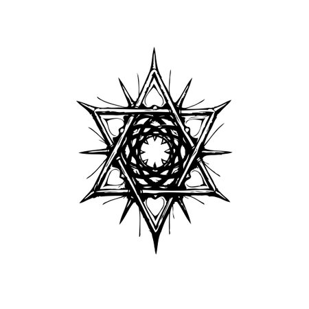 A detailed illustration featuring a star shape with geometric and ornamental elements, creating an intriguing and complex design. The dark lines and intricate patterns evoke a sense of mystery and artistry.のイラスト素材