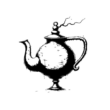 A stylized illustration of a teapot is depicted with an ink wash texture. The design suggests a blend of antique charm and artistic expression, rendered in monochrome.のイラスト素材