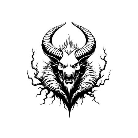 Intricate black and white drawing presenting a horned Krampus-like figure. This design radiates an unsettling presence and evokes themes from folklore and fantasy.のイラスト素材