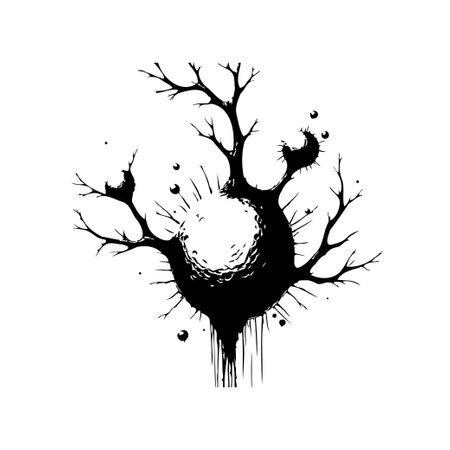 A striking black and white image showcases an abstract, tree-like structure with a central illuminated orb. The design evokes a sense of mystery and surrealism.のイラスト素材