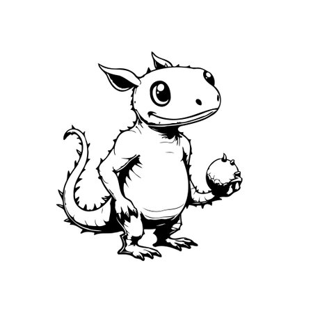 A whimsical cartoon dragon illustrated in monochrome, holding a small sphere. This drawing offers a charming and curious aesthetic, perfect for fairytale, or design concept.のイラスト素材