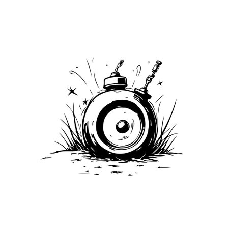 A black and white stylized illustration depicts a spherical bomb with dual fuses. The drawing conveys a sense of danger and explosive energy.のイラスト素材
