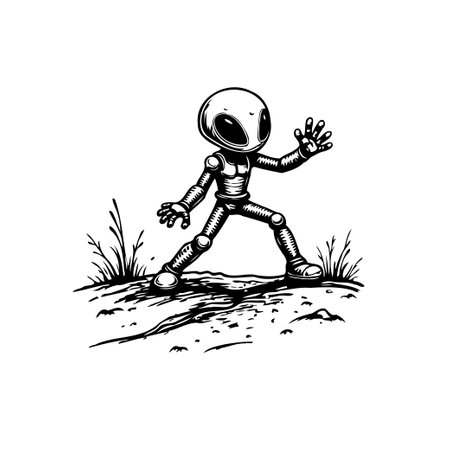 A monochrome cartoon illustration depicts an alien figure with a smooth head and large eyes, posed inquisitively on a textured surface. The image evokes a sense of whimsical discovery.のイラスト素材